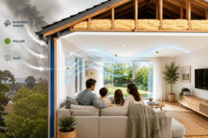Modern Australian home cutaway showing ceiling insulation helping block pollen, dust and bushfire smoke while improving indoor air quality