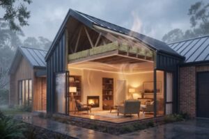 Cinematic realistic Melbourne home with ceiling insulation reducing winter heat loss