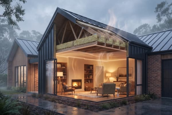 Cinematic realistic Melbourne home with ceiling insulation reducing winter heat loss