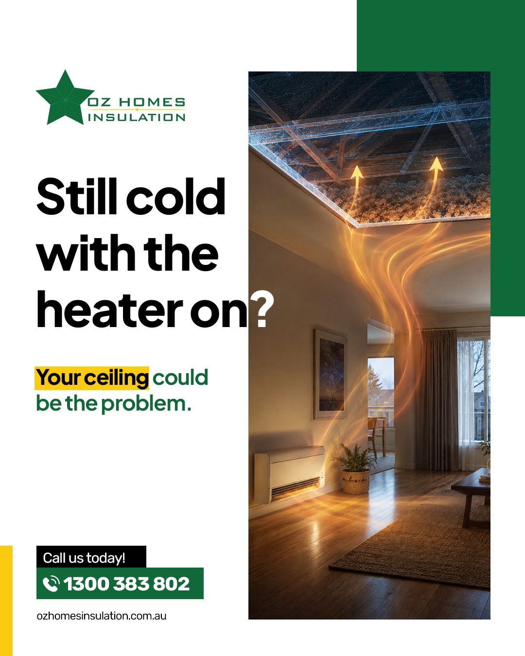 Cranking the heater but still rugged up on the couch? ❄️ 

You're not imagining it up to 35% of your home's heat escapes straight through an uninsulated ceiling. Don't pay to heat the great outdoors. A proper ceiling insulation upgrade keeps the warmth where it belongs inside.

📞 Call us today on 1300 383 802 for a free quote or visit ozhomesinsulation.com.au for more information.

#OzHomesInsulation #CeilingInsulation #HomeInsulation #EnergyEfficiency #Melbourne #AussieHomes