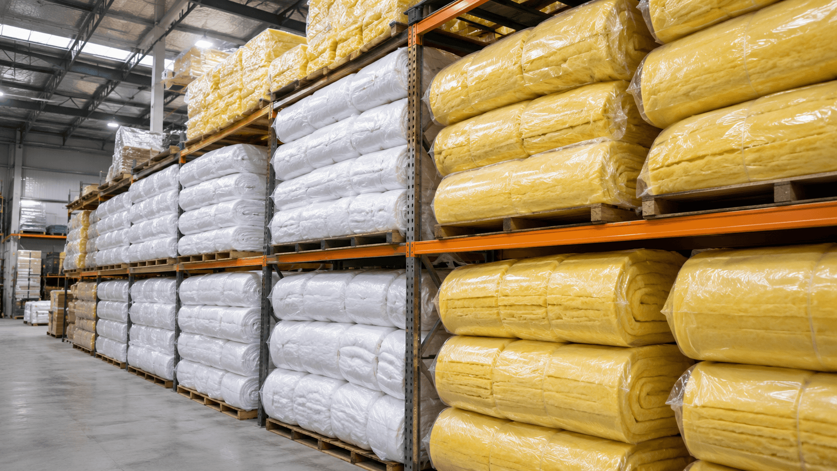 Stacked packs of ceiling insulation batts from different Australian brands on warehouse shelving