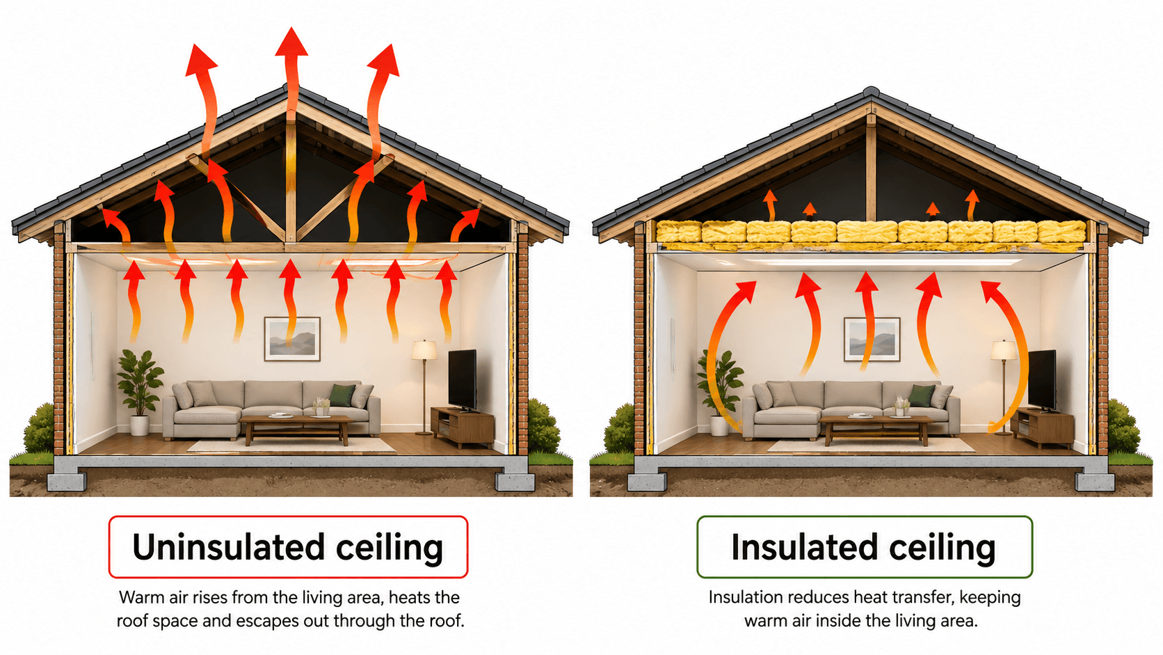 Diagram comparing heat escaping through an uninsulated ceiling versus being retained by an insulated ceiling
