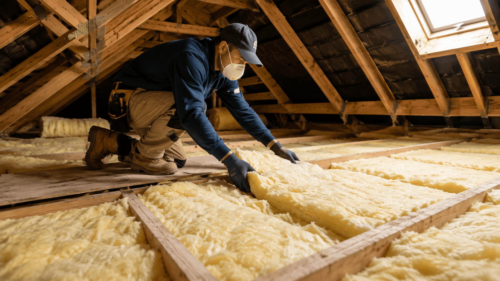 Insulation installer laying glasswool batts between ceiling joists in an existing home roof space