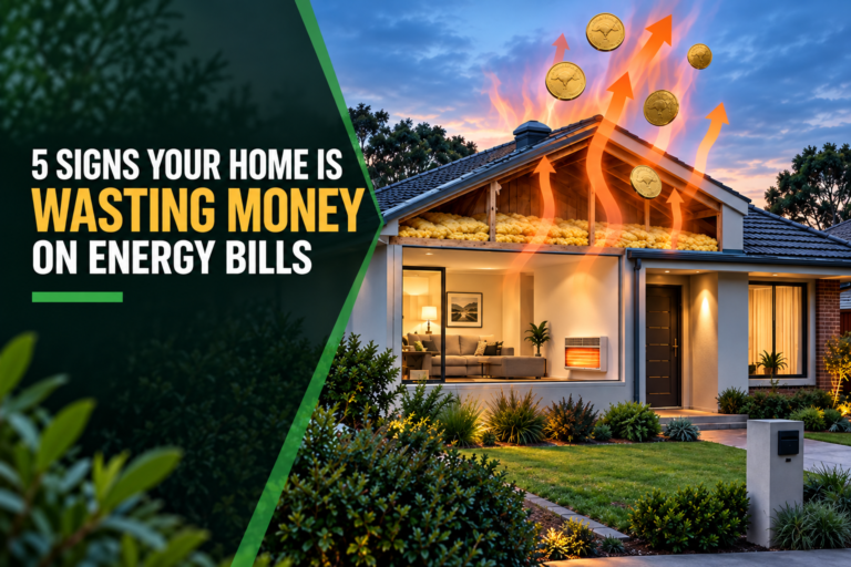 Illustration of a heated house with warm air rising through the roof and coins drifting away