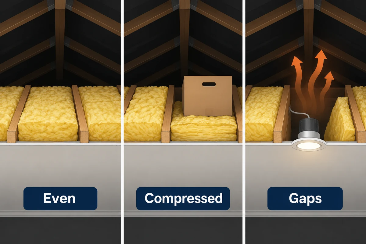 Three roof space cross sections showing even insulation batts, batts compressed by boxes and gaps around a downlight