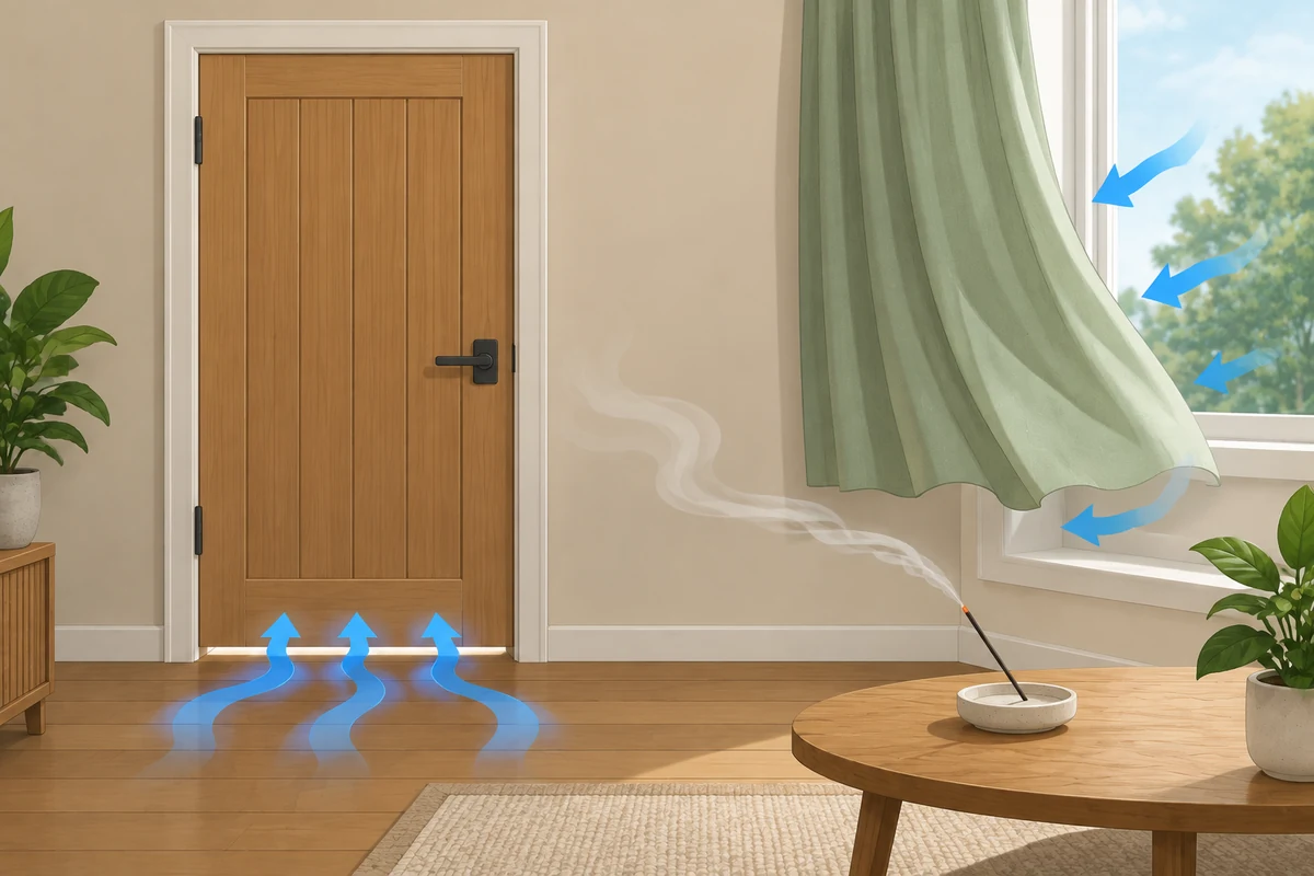 Lit incense stick near a closed door with smoke blowing sideways from cold air entering under the door
