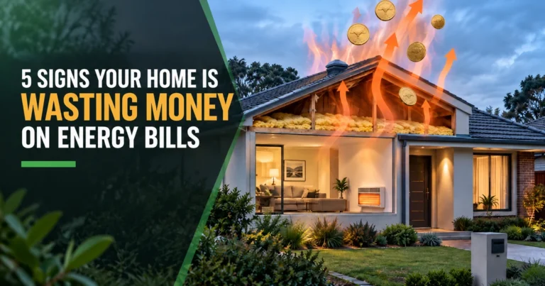 Illustration of a heated house with warm air rising through the roof and coins drifting away