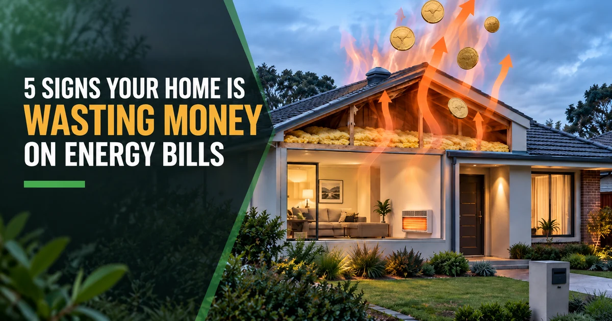 Illustration of a heated house with warm air rising through the roof and coins drifting away