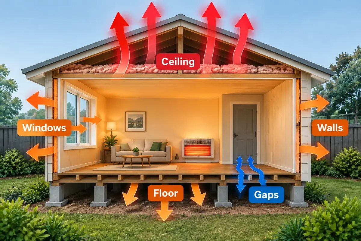 Diagram of a raised house with arrows showing heat escaping through the ceiling, walls, windows, floor and gaps