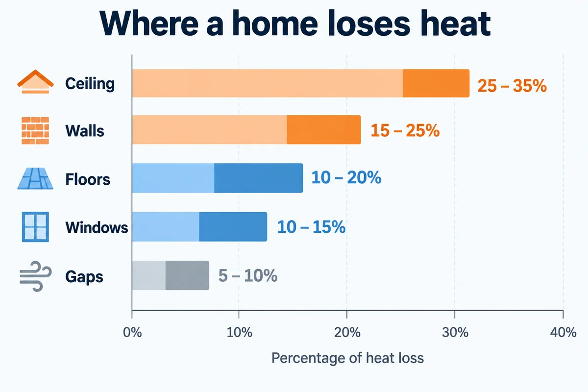 Bar chart comparing heat loss through ceilings, walls, floors, windows and gaps