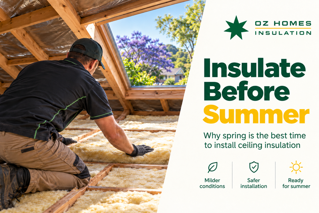 Installer laying ceiling insulation batts between joists in a bright roof space