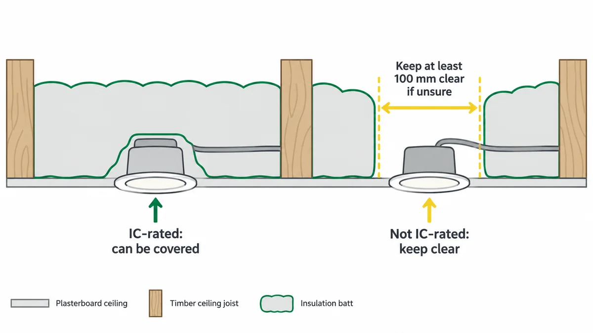 Cross-section of a ceiling showing insulation placed around different downlight types
