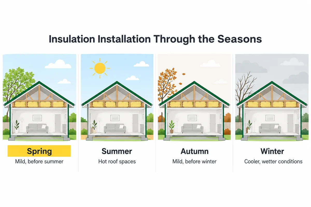 Simple diagram comparing roof space conditions in spring, summer, autumn and winter